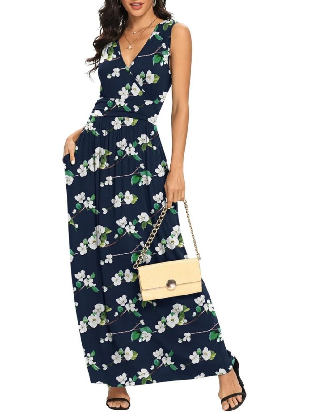 Lilbetter Women's Hai Tang Blue Sleeveless Deep Loose Plain Maxi Casual Dress